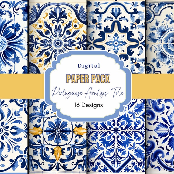 Paquet de papier numérique pour carreaux azulejos en portugais | Utilisation commerciale | Carrelage bleu et blanc | Carrelage mosaïque | Album numérique | Fond coloré