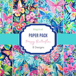 Pacote de papel digital Preppy Butterflies | Download digital | Cores Brilhantes | Papel para álbum de recortes | Inspirado em Lily Pulitzer | Borboletas e flores