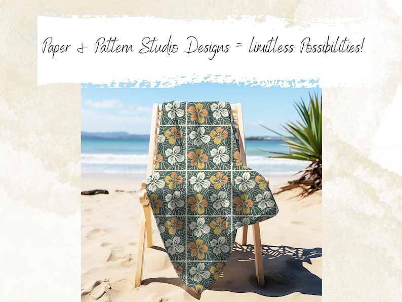 Mockup showing a beach chair draped with fabric using one of the Hawaiian block print patterns. The print features golden and white hibiscus flowers on a dark green background, demonstrating use in textiles.