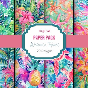 Aquarell Tropisches Digitales Papier | Digitales Papier | Hawaiianische | Tropische Blumen | Unter dem Meer | Tropische Pflanzen | Bunter Hintergrund