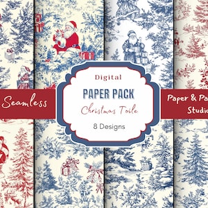 Papel digital Toile navideño / Imprimible para tarjetas / Chinoiserie navideño / Toile azul / Toile rojo / Scrapbooking navideño