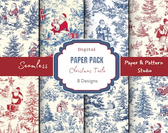 Christmas Toile Digital Paper | Printable for Card | Christmas Chinoiserie | Blue Toile | Red Toile | Holiday Scrapbooking