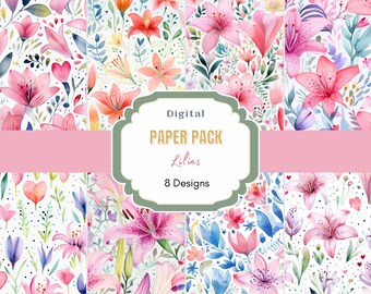 Lily Digital Paper  | Digital Download | Scrapbook Paper |Floral Pattern | Watercolor Lily | Lily Backgrounds |botanical flowers