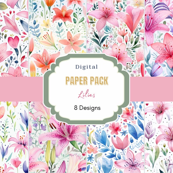 Lily Digital Paper  | Digital Download | Scrapbook Paper |Floral Pattern | Watercolor Lily | Lily Backgrounds |botanical flowers