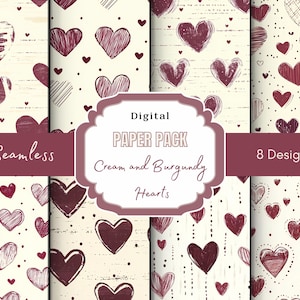 Carta digitale senza cuciture con cuori color crema e bordeaux - Motivi romantici per artigianato - Sfondi stampabili - Perfetti per inviti