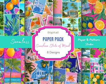 Sunshine State of Mind Digital Paper Pack | Seamless Tropical Coastal Patterns | Citrus Palm Beach Scrapbook Paper