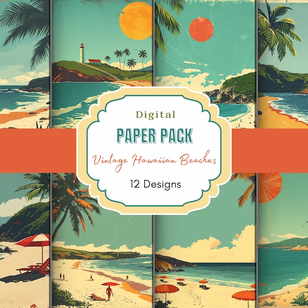 Vintage Hawaiian Beaches Digital Paper | Hawaiian Art | Vintage Summer |Vintage Retro| Beach Summer | Vintage Ephemera | Tropical Beaches