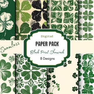 Peut inclure: Pack de papier numérique avec 8 motifs de trèfles imprimés en bloc de couleur verte sur fond blanc. Le texte "Digital Paper Pack Block Print Shamrock 8 Designs" est sur une étiquette verte.