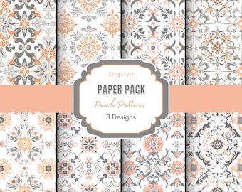 Peach Pattern Digital Paper| Paper Crafts | Geometric Patterns | Textured Patterns | Peach Color | Gray Patterns | Tile Pattern | Scrapbook