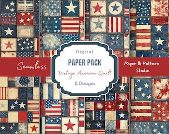 Vintage American Quilt Seamless Paper: Red White Blue Patchwork  (JPG, 300 DPI, 12x12 in)