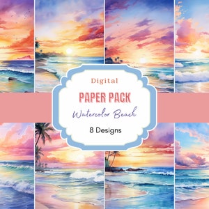 Watercolor Beach Digital Paper | Watercolor Texture | Junk Journal | Scrapbooking Paper | Digital Paper | Beach Pattern | Sunset Background