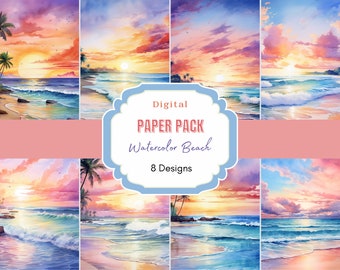 Papier numérique aquarelle plage | Texture aquarelle | Journal indésirable | Papier pour scrapbooking | Papier numérique | Motif de plage | Fond de coucher de soleil