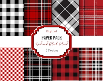 Papel digital a cuadros rojos y negros / Cuadros estilo búfalo / Patrones sin costuras para scrapbooking / Patrones de cuadros vichy / Fondos de tartán