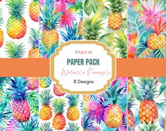 Pakiet papieru cyfrowego akwarelowego ananas | Zastosowanie komercyjne | Hawajski | Tropikalny | Owoc ananasa | Rękodzieło papierowe | Wzór ananasa | Papier
