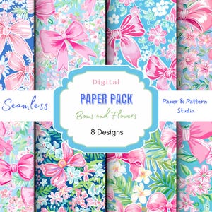 Cyfrowy papier Flower and Bow Coquette | Kokardy Coquette | Kwiat wiosenny | Papier do scrapbookingu | Różowe kokardy | Papier kwiatowy | Papier do scrapbookingu