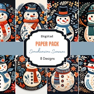 Carta digitale con pupazzo di neve scandinavo / Download digitale di Natale scandinavo / Carta digitale con acquerello natalizio / Clipart invernale / Pupazzo di neve