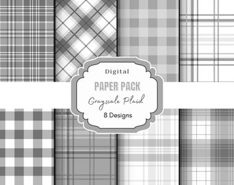 May include: A digital paper pack featuring eight grayscale plaid designs. The patterns include various arrangements of gray and white lines, creating different check and grid patterns. The image includes text that reads "Digital Paper Pack Grayscale Plaid 8 Designs."