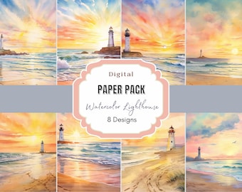 Watercolor Lighthouse Digital Paper | Instant Download | Card Making | Nautical Summer Digital Paper | Digital Planner