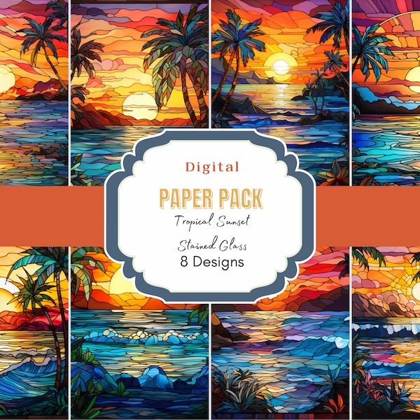 Tropical Sunset Stained Glass Digital Paper Pack, Stained Glass Papers,  Faux Stained Glass, Commercial Use, Stained Glass Window, glass