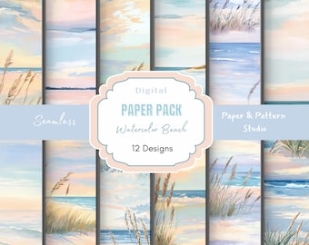 Watercolor Beach Seamless Digital Paper Pack – Coastal Ocean Pastel Patterns- Pastel Ocean- Sunset Beach- Scrapbook Paper- Coastal Landscape