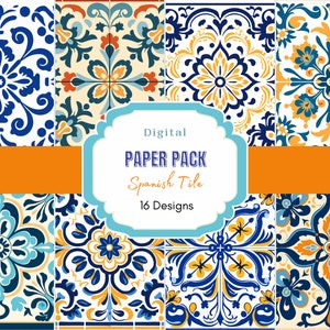Spaanse tegels digitaal papier| Blauwe en witte tegel | Naadloze Spaanse tegelontwerpen | Digitale achtergrond | Spaans digitaal papier | Junkjournaal