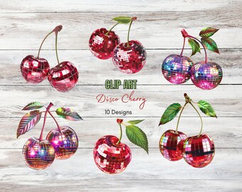 Bola de Discoteca Cereja Clipart | Retro Disco Cereja | Retro Estética PNG | Design Dia dos Namorados