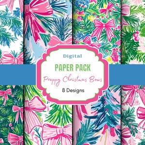 May include: Digital paper pack with 8 designs featuring preppy Christmas bows. The designs feature pink and green bows on a white background with green pine branches.