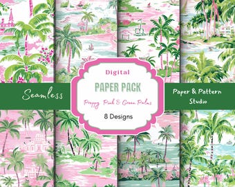 preppy pink and green palm digital paper | palm beach pattern | pink tropical print | tropical print | Palm trees | Preppy Pattern