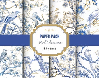 Bird Chinoiserie Digital Paper | French Toile | Digital Download | Chinoiserie Art | French Chinoiserie | Floral Pattern | Scrapbooking