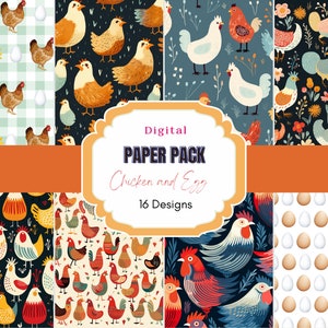 Paquete de papel digital de pollo y huevo / Uso comercial / Arte de pollo / Granjero / Patrón de animales de granja / Arte animal / Arte de granja / Papel digital