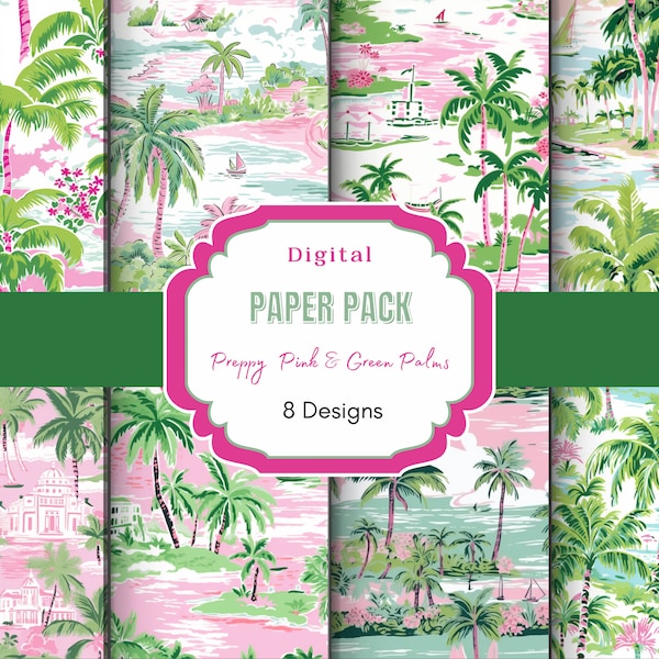 preppy pink and green palm digital paper | palm beach pattern | pink tropical print | tropical print | Palm trees | Preppy Pattern