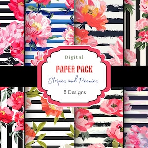 Strisce e peonie Carta digitale / Sfondo a strisce / Fiori di peonia / Motivo preppy / Carta a strisce acquerello / Motivo floreale