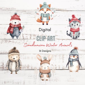 Clipart di animali invernali scandinavi / Animali del bosco in formato PNG / Clipart nordici / Arte popolare scandinava / Uso commerciale / Animali carini in formato PNG