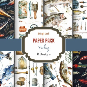 Papier numérique de pêche | Poisson de lac | Dessins de pêche | Journal indésirable | Motifs aquarelle | Scrapbooking de pêche | Modèle de leurres de pêche