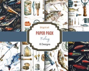 Fishing Digital Paper | Lake Fish | Fishing Designs | Junk Journal | Watercolor Patterns | Fishing Scrapbooking | Fishing lures pattern