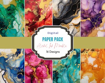 Paquete de papel digital de mármol con tinta de alcohol con oro / uso comercial / fondo de patrón / oro / arte de tinta de alcohol / mármol / papel digital