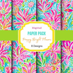 Preppy Bright Flowers digitaal papier, preppy ontwerp, bloemmotief, digitale tropische jpg, bloemenpatroon, levendig tropisch, eilandpatroon