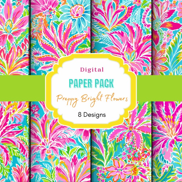 Preppy Bright Flowers Digital Paper, preppy Design, floral pattern, digital tropical jpg, flower pattern, vibrant tropical, island pattern