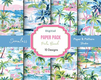Preppy Palm Beach Digital Paper | Under The Sea | Beach Seamless | Beach Digital Download | Summer Beach Pattern | Junk Journal | Palm Trees
