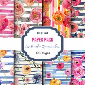 Watercolor Ranunculus Flower Digital Paper | Commercial Use | Junk Journal | Wedding Invitations | Flower Clip Art | Digital Clip Art