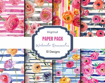 Watercolor Ranunculus Flower Digital Paper | Commercial Use | Junk Journal | Wedding Invitations | Flower Clip Art | Digital Clip Art