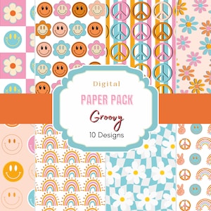Groovy Digital Paper Pack  | Commercial Use | Retro Digital Paper | Scrapbook Paper| Groovy | Retro Background | Retro Smiley Face