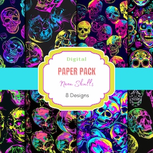 Neon Skulls Digital Paper | Scary Print Digital Paper | Neon Colors | Skull Pattern | Skull Seamless Pattern | Scrapbooking Paper