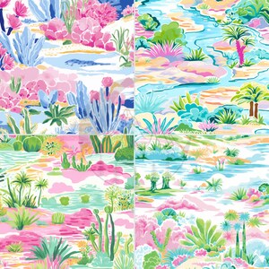 Puede incluir: Un patr&oacute;n abstracto colorido con una variedad de plantas y flores. El dise&ntilde;o incluye tonos rosas, azules, verdes y amarillos, creando una sensaci&oacute;n vibrante y tropical.