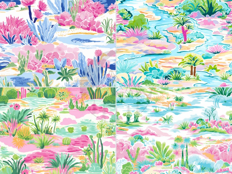 Puede incluir: Un patr&oacute;n abstracto colorido con una variedad de plantas y flores. El dise&ntilde;o incluye tonos rosas, azules, verdes y amarillos, creando una sensaci&oacute;n vibrante y tropical.