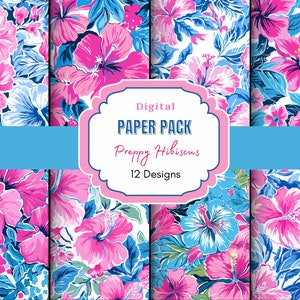 Preppy Hibiscus Digital Paper | Tropical Florals | Summer Print | Hawaii Print | Beachy Pattern | Floral Print | Scrapbooking | Junk Journal