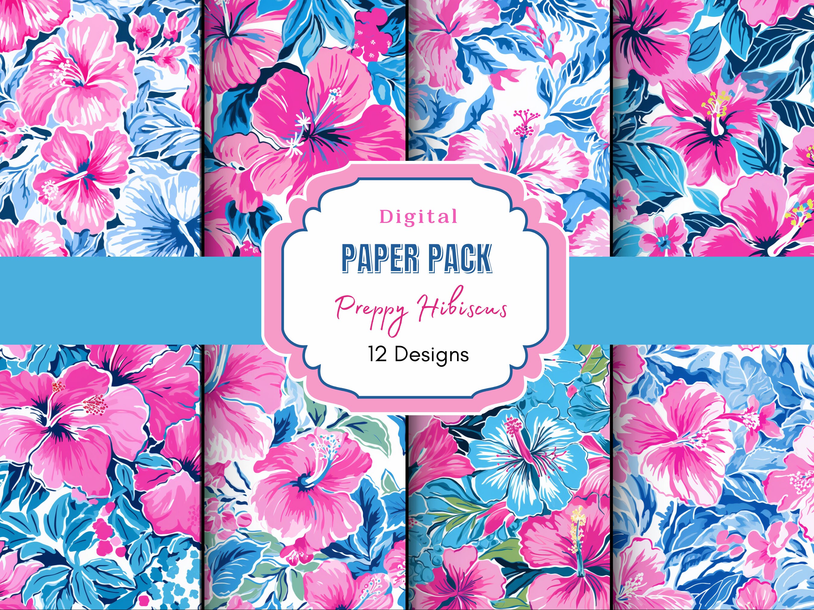 Preppy Hibiscus Digital Paper | Tropical Florals | Summer Print | Hawaii Print | Beachy Pattern | Floral Print | Scrapbooking | Junk Journal