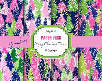 Digitalt papper med preppy julgranar | Sömlösa akvarellmönster | Rosa trädmönster | Scrapbooking - Julpyssel