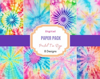 May include: Digital paper pack with 8 pastel tie dye designs. The designs feature a variety of colors, including pink, blue, yellow, and green.