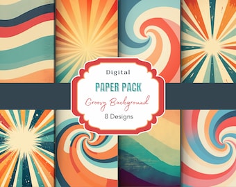 Pacchetto di carta con motivi groovy / Carta digitale retrò / Motivi retrò groovy / Diario spazzatura / Pagine di scrapbooking / Sfondo boho